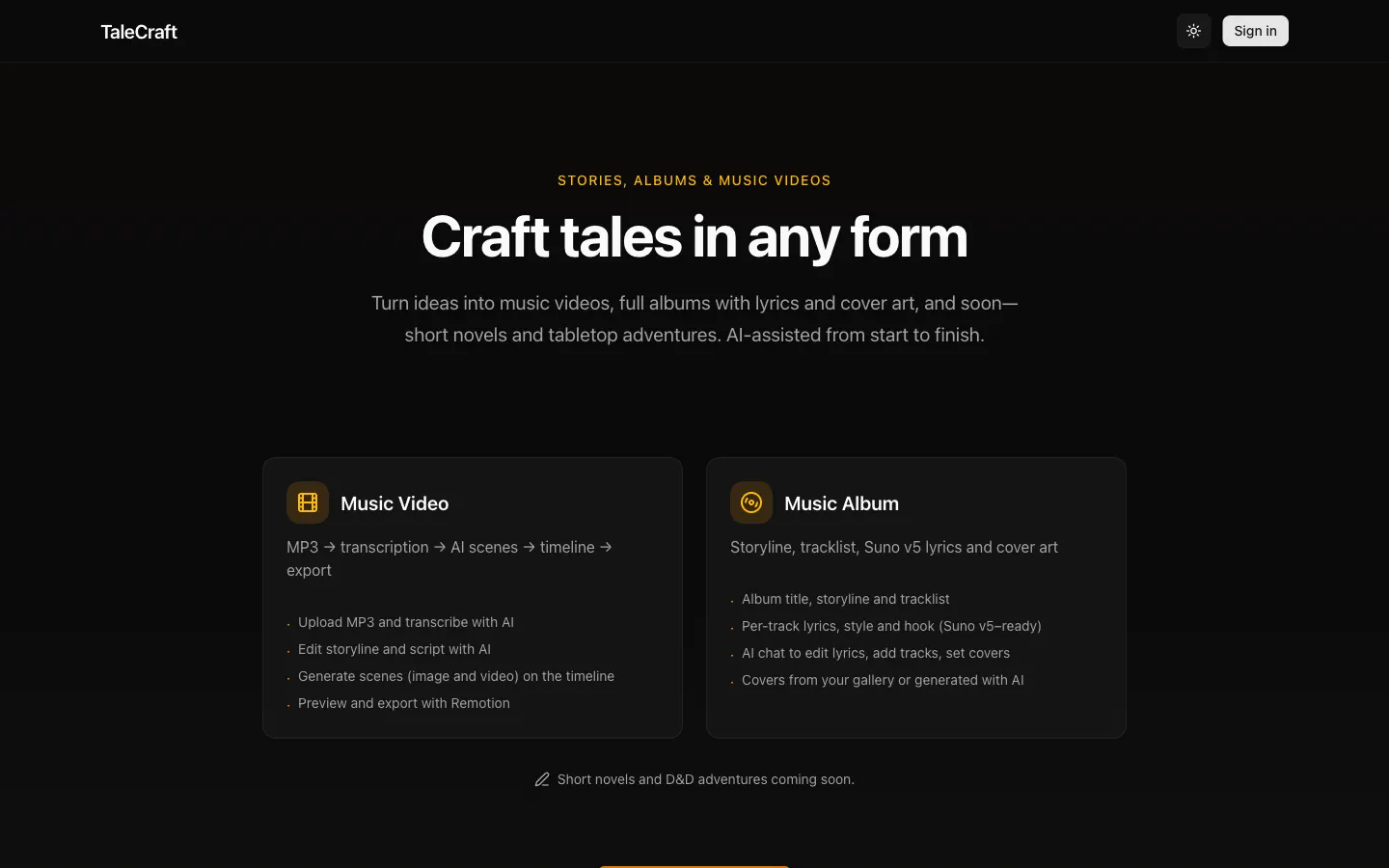 TaleCraft homepage in dark mode